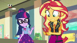 Size: 1280x720 | Tagged: safe, screencap, sci-twi, sunset shimmer, twilight sparkle, equestria girls, equestria girls series, g4, holidays unwrapped, spoiler:eqg series (season 2), cellphone, clothes, duo, female, geode of empathy, geode of telekinesis, glasses, jacket, magical geodes, phone, plusplus, ponytail, skirt, smartphone