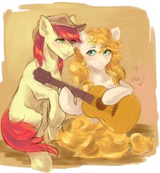 Size: 1996x2160 | Tagged: safe, artist:svelen, bright mac, pear butter, earth pony, pony, g4, female, guitar, looking at each other, male, mare, musical instrument, ship:brightbutter, shipping, signature, sitting, smiling, stallion, straight