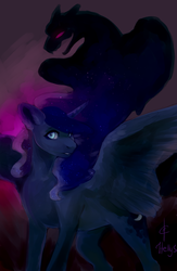 Size: 1500x2300 | Tagged: safe, artist:svelen, princess luna, tantabus, alicorn, pony, g4, abstract background, ethereal mane, female, mare, missing accessory, signature, solo