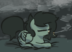 Size: 282x206 | Tagged: safe, artist:plunger, oc, oc only, oc:filly anon, pegasus, pony, bed, black background, drugs, eyes closed, female, filly, high, joint, lying on bed, marijuana, question mark, simple background, smoke, smoking, solo