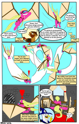 Size: 875x1363 | Tagged: safe, artist:space jawa, oc, oc only, oc:durango, oc:oz moses, oc:poinsettia, earth pony, griffon, pony, comic:friendship is dragons, artificial wings, augmented, castle, collaboration, comic, d:, dialogue, exclamation point, faceplant, female, flying, goggles, griffon oc, grin, hat, horseshoes, injured, male, mare, mechanical wing, open mouth, saddle bag, smiling, stallion, window, wings, wizard, wizard hat