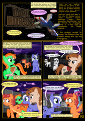 Size: 1000x1414 | Tagged: safe, artist:christhes, oc, oc only, oc:cookiecutter, oc:gracenote, oc:maple leaf, oc:spring clean, earth pony, pegasus, pony, comic:friendship is dragons, ..., armor, caught, collaboration, comic, crossover, dialogue, female, flying, grin, gun, implied fluttershy, implied pinkie pie, implied rarity, implied twilight sparkle, looking back, mare, raised hoof, saddle, saddle bag, scared, smiling, space, spaceship, star wars, stars, stormtrooper, tack, unamused, weapon
