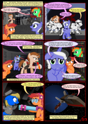 Size: 1000x1414 | Tagged: safe, artist:christhes, oc, oc only, oc:cookiecutter, oc:gracenote, oc:maple leaf, oc:spring clean, earth pony, pony, unicorn, comic:friendship is dragons, bipedal, collaboration, comic, covering ears, crossover, cuffs, dialogue, disguise, explosives, female, fight, flying, glowing horn, goggles, grin, guard, gun, hat, headset, hiding, horn, implied fluttershy, implied pinkie pie, implied rarity, implied twilight sparkle, laser, mare, planet, running, saddle, scared, smiling, space, spaceship, star wars, stars, stormtrooper, surrender, tack, weapon