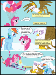 Size: 600x800 | Tagged: safe, artist:dusk raven, artist:newbiespud, edit, edited screencap, screencap, gilda, pinkie pie, rainbow dash, griffon, pony, comic:friendship is dragons, g4, balloon, cloud, collaboration, comic, dialogue, eyes closed, female, floating, flying, frown, gyrocopter, looking down, looking up, mare, on a cloud, screencap comic, smiling, then watch her balloons lift her up to the sky