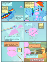 Size: 612x802 | Tagged: safe, artist:newbiespud, artist:winged cat, edit, edited screencap, screencap, applejack, rainbow dash, earth pony, pegasus, pony, comic:friendship is dragons, g4, the return of harmony, chocolate, chocolate rain, cloud, collaboration, comic, cotton candy, dialogue, female, flying, food, freckles, hat, implied pinkie pie, lasso, looking up, mare, mouth hold, rain, raised hoof, rope, screencap comic