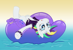 Size: 2516x1710 | Tagged: safe, artist:rupert, rarity, pony, g4, alternate hairstyle, balloon, gradient background, on back, punk, raripunk, sexy, squishy, that pony sure does love balloons, water