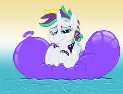 Size: 2244x1710 | Tagged: safe, artist:rupert, rarity, pony, g4, alternate hairstyle, balloon, gradient background, looking at you, prone, punk, raripunk, sexy, squishy, that pony sure does love balloons, water