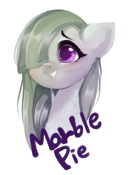 Size: 670x900 | Tagged: safe, artist:snow angel, marble pie, earth pony, pony, g4, blushing, bust, cute, female, floppy ears, hair over one eye, marblebetes, mare, simple background, smiling, solo, white background