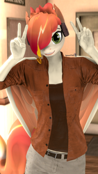 Size: 1080x1920 | Tagged: safe, artist:spinostud, oc, oc:tomyum, pegasus, anthro, 3d, clothes, female, headphones, looking at you, mare, source filmmaker