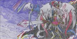 Size: 2081x1060 | Tagged: safe, artist:nephilim rider, oc, oc:heaven lost, pony, league of legends, magical girl, nephilim, night, star guardian, stars, sword, traditional art, weapon