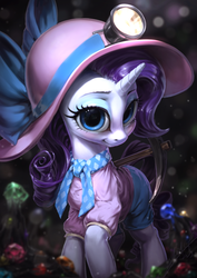 Size: 765x1080 | Tagged: safe, artist:assasinmonkey, rarity, pony, unicorn, dragon dropped, blushing, cave, clothes, cute, digital painting, eyeshadow, female, gem, gem cave, headlamp, helmet, light, looking at you, makeup, mare, mining, pickaxe, raribetes, smiling, solo