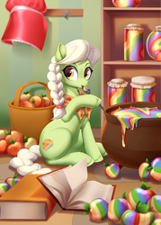 Size: 1500x2092 | Tagged: safe, artist:kyotoleopard, granny smith, earth pony, pony, g4, adorasmith, apple, basket, book, cauldron, cottagecore, cute, female, food, jam, jar, looking at you, mare, recipe book, sitting, solo, spoon, tasting, young granny smith, younger, zap apple, zap apple jam