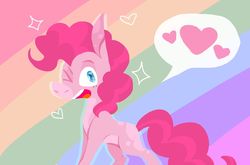 Size: 1280x843 | Tagged: safe, artist:rowdykitty, pinkie pie, earth pony, pony, g4, female, heart, looking at you, mare, one eye closed, rainbow, rainbow background, solo, speech bubble, wink