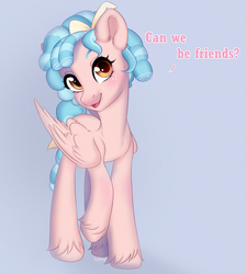 Size: 2956x3304 | Tagged: safe, artist:bestiary, cozy glow, pegasus, pony, g4, blushing, bow, cozybetes, cute, female, filly, freckles, hair bow, high res, looking at you, open mouth, smiling, solo, talking, unshorn fetlocks, wanna be friends?