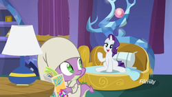 Size: 1920x1080 | Tagged: safe, screencap, rarity, spike, dragon, pony, unicorn, dragon dropped, g4, discovery family logo, female, hat, lamp, male, mare, nightcap, pamphlet, sitting, spike's bed, twilight's castle
