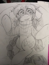 Size: 3024x4032 | Tagged: safe, artist:asscadoodle, oc, oc only, pony, beanbrows, body pillow, clothes, cute, eye clipping through hair, eyebrows, freckles, long mane, monochrome, pencil, sketch, soft, solo, sweater, traditional art