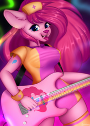 Size: 2742x3810 | Tagged: safe, artist:bestiary, pinkie pie, anthro, g4, breasts, busty pinkie pie, clothes, female, furry, guitar, high res, looking at you, musical instrument, solo, species swap