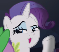 Size: 388x341 | Tagged: safe, screencap, rarity, spike, pony, unicorn, dragon dropped, g4, :3, cropped, female, mare, open mouth, raised eyebrow, raised hoof