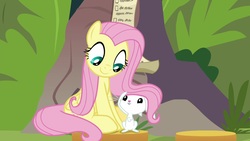 Size: 1920x1080 | Tagged: safe, screencap, angel bunny, fluttershy, pegasus, pony, rabbit, g4, she talks to angel, animal, cute, duo, female, looking at each other, male, mare, smiling