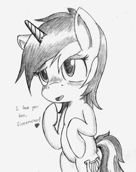 Size: 1072x1348 | Tagged: safe, artist:spackle, lyra heartstrings, pony, unicorn, g4, bipedal, blushing, cute, female, heart, implied firecracker burst, love, lyrabetes, mare, monochrome, open mouth, raised hoof, simple background, smiling, solo, traditional art, white background