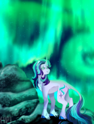 Size: 768x1012 | Tagged: safe, artist:wanderingpegasus, starlight glimmer, classical unicorn, pony, unicorn, g4, aurora borealis, chest fluff, cloven hooves, curved horn, female, horn, leonine tail, looking back, mare, solo, unshorn fetlocks