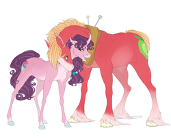 Size: 1600x1300 | Tagged: safe, artist:dementra369, big macintosh, sugar belle, earth pony, pony, unicorn, g4, blaze (coat marking), body freckles, coat markings, curved horn, cute, cutie mark, facial markings, female, freckles, horn, looking at each other, macabetes, male, mare, neck nuzzle, open mouth, pale belly, ship:sugarmac, shipping, simple background, smiling, stallion, straight, sugarbetes, unshorn fetlocks, white background