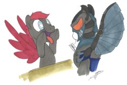 Size: 2855x1913 | Tagged: safe, artist:brisineo, oc, oc only, oc:crimson wings, pegasus, pony, fallout equestria, fallout equestria: broken bonds, armor, enclave, enclave armor, fanfic art, male, pegasus oc, power armor, price tag, solo, stallion, tongue out, wingding eyes