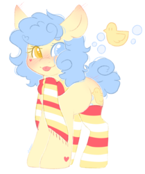 Size: 1608x1923 | Tagged: safe, artist:adostume, oc, oc only, oc:duckie, earth pony, pony, :3, :p, blushing, clothes, curly hair, cutie mark, earth pony oc, happy, heart on cheek, hearts on hooves, heterochromia, mlem, reference sheet, scarf, short hair, short tail, silly, simple background, smiling, socks, solo, tongue out, white background