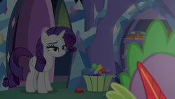 Size: 1920x1080 | Tagged: safe, screencap, rarity, spike, pony, dragon dropped, g4, quill