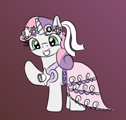 Size: 1074x1024 | Tagged: safe, artist:platinumdrop, sweetie belle, pony, g4, female, filly, flower filly, flower girl, flower girl dress, gradient background, simple background, solo