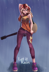 Size: 827x1200 | Tagged: safe, artist:the-park, sunset shimmer, equestria girls, equestria girls series, let it rain, spoiler:eqg series (season 2), acoustic guitar, armpits, badass, bra, breasts, clothes, female, guitar, lip bite, musical instrument, one eye closed, rain, see-through, simple background, sleeveless, solo, standing, underwear, wet
