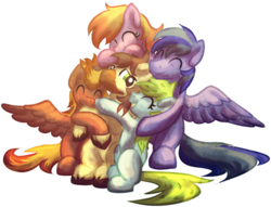 Size: 3566x2727 | Tagged: safe, artist:tiothebeetle, oc, oc only, oc:calpain, earth pony, pegasus, pony, series:random gifting is magic, appreciation, generic pony, gift art, group hug, high res, hug, messy hair, spread wings, wings