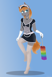 Size: 1350x2000 | Tagged: source needed, useless source url, safe, artist:evlass, oc, oc only, oc:gallant hymn, earth pony, anthro, anthro oc, clothes, collar, crossdressing, duster, gloves, maid, male, solo, stallion, stockings, thigh highs