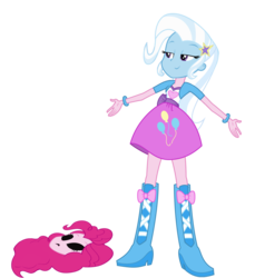 Size: 1933x2112 | Tagged: safe, edit, pinkie pie, trixie, equestria girls, g4, arms spread out, bodysuit, boots, clothes, clothes swap, cutie mark accessory, cutie mark on clothes, disguise, eye holes, grin, hairpin, high heel boots, impersonating, jacket, knee-high boots, lidded eyes, mask, mask on ground, masking, mouth hole, pinkie pie suit, pinkie pie's boots, sash, shoes, skirt, smiling, smirk, smug, swap, trick, wristband