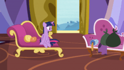 Size: 600x338 | Tagged: safe, screencap, twilight sparkle, alicorn, pony, dragon dropped, animated, behaving like rarity, couch, eyeroll, fainting couch, female, gif, solo, trash, twilight sparkle (alicorn)
