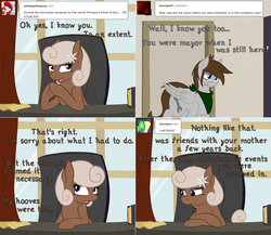 Size: 2002x1736 | Tagged: safe, artist:phoenixswift, oc, oc only, oc:fuselight, earth pony, pegasus, pony, ask fuselight, ask, comic, dialogue, female, floppy ears, flower, flower in hair, male, mare, stallion, tumblr