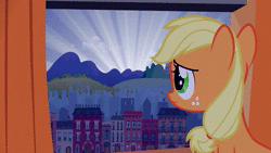 Size: 1920x1080 | Tagged: safe, screencap, applejack, earth pony, pony, g4, the cutie mark chronicles, animated, behaving like a rooster, blank flank, blinking, cock-a-doodle-doo, cute, eyes closed, female, filly, filly applejack, floppy ears, freckles, jackabetes, manehattan, open mouth, sad, solo, sound, sunrise, webm, younger