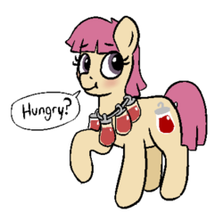 Size: 576x572 | Tagged: safe, artist:heretichesh, oc, oc only, oc:blood bank, earth pony, pony, blood bag, dialogue, simple background, solo, white background