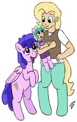 Size: 608x962 | Tagged: safe, artist:heretichesh, plumberry, oc, oc:bluster squall, oc:gale, pegasus, pony, satyr, bipedal, clothes, cute, family, father and daughter, female, male, mother and daughter, offspring, offspring's offspring, parent:oc:gale, parent:plumberry, parent:zephyr breeze, shorts, simple background, vest, white background