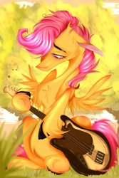 Size: 2000x3000 | Tagged: safe, artist:chrysgalaxy, scootaloo, pegasus, pony, g4, bass guitar, chest fluff, ear fluff, exaggerated anatomy, female, floppy ears, fluffy, guitar, high res, leg fluff, long muzzle, musical instrument, scootabass, solo