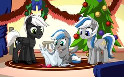 Size: 1024x640 | Tagged: safe, artist:mysticalpha, oc, oc only, oc:cloud zapper, oc:lilly louise sap, oc:winston zapper, earth pony, pegasus, pony, christmas, christmas decoration, christmas lights, christmas tree, father, female, holiday, male, mother, present, tree