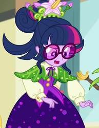 Size: 551x715 | Tagged: safe, screencap, sci-twi, sunset shimmer, twilight sparkle, equestria girls, equestria girls series, g4, holidays unwrapped, spoiler:eqg series (season 2), clothes, cornucopia costumes, cropped, cute, dress, female, offscreen character, puffy sleeves, solo focus