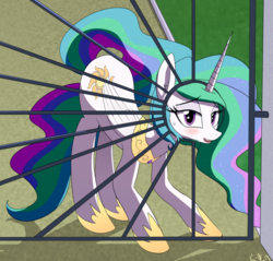Size: 1150x1100 | Tagged: safe, artist:yinglung, princess celestia, alicorn, pony, g4, behaving like a dog, blushing, cropped, cute, cutelestia, embarrassed, face down ass up, female, gate, lidded eyes, looking at you, ponified animal photo, sillestia, silly, silly pony, solo, stuck, sweat, sweatdrop