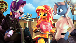 Size: 3840x2160 | Tagged: safe, artist:whiteskyline, starlight glimmer, sunset shimmer, trixie, human, unicorn, anthro, g4, 3d, bicycle, group, high res, source filmmaker