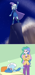 Size: 1500x3200 | Tagged: safe, artist:mew-me, princess celestia, principal celestia, trixie, equestria girls, g4, celestia is not amused, cute, diatrixes, dream, dream bubble, eyes closed, fantasia, open mouth, sleeping, sleeping in class, the sorcerer's apprentice, this will end in detention, unamused