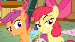 Size: 1551x877 | Tagged: safe, screencap, apple bloom, scootaloo, earth pony, pegasus, pony, g4, growing up is hard to do, bow, carrot, cropped, duo, female, filly, food, hair bow, raised eyebrow, saddle bag, smiling, smirk, snacks, spread wings, wings