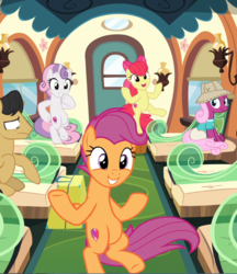 Size: 756x874 | Tagged: safe, screencap, apple bloom, cherry cola, cherry fizzy, happy khaki, scootaloo, sweetie belle, trail blazer, earth pony, pegasus, pony, unicorn, g4, growing up is hard to do, bipedal, bow, cropped, cute, cutie mark, cutie mark crusaders, dancing, excited, female, hair bow, happy, mare, older, older apple bloom, older cmc, older scootaloo, older sweetie belle, smiling, standing, standing on one leg, the cmc's cutie marks, trio focus, underhoof