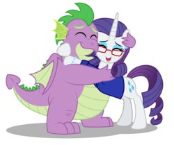 Size: 2000x1673 | Tagged: safe, artist:aleximusprime, rarity, spike, dragon, pony, unicorn, g4, clothes, eyes closed, female, glasses, hug, male, older, older rarity, older spike, ship:sparity, shipping, shirt, simple background, straight, transparent background, vector, winged spike, wings
