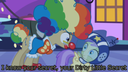 Size: 1280x720 | Tagged: safe, edit, edited screencap, screencap, alula, mayor mare, pluto, g4, luna eclipsed, caption, clown, faic, image macro, it, it: chapter two, pennywise, scared, scrunchy face, text