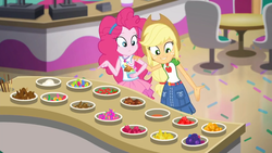 Size: 1600x902 | Tagged: safe, screencap, applejack, pinkie pie, equestria girls, g4, my little pony equestria girls: choose your own ending, tip toppings, tip toppings: applejack, confectionery, geode of sugar bombs, geode of super strength, magical geodes